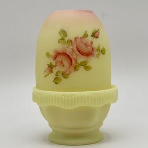 FENTON Burmese Uranium Custard Glass 2 PC Fairy Lamp Hand Painted Roses G. Finn